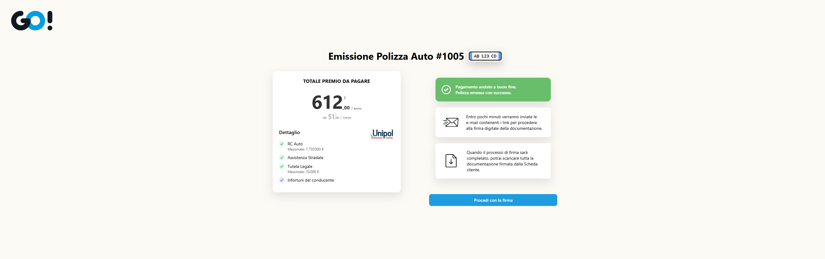 Emissione di una polizza auto: totale del premio con il dettaglio delle garanzie, conferma del pagamento e avvio della firma digitale